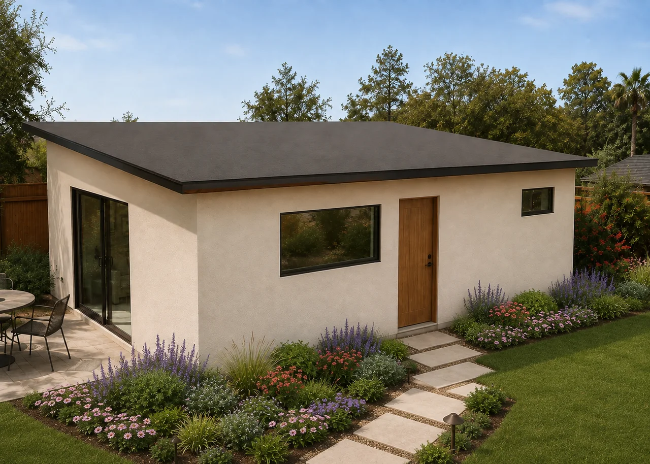 Compact One ADU concept visualization: ivory stucco, a large kitchen window, and a garden slider